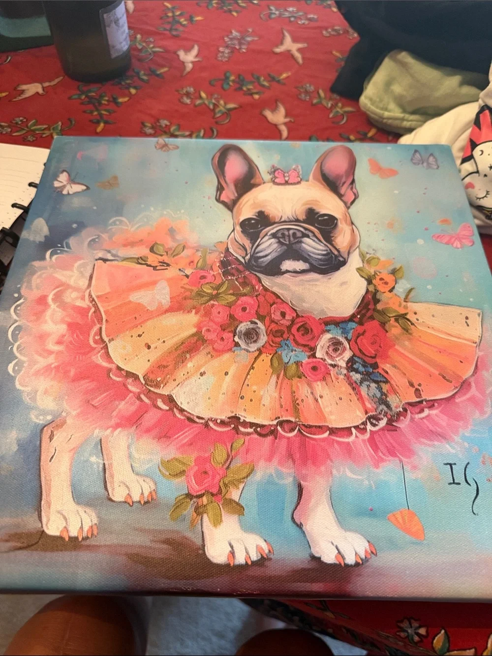 Decorative French Bulldog Canvas Art Print - Pink & Blue